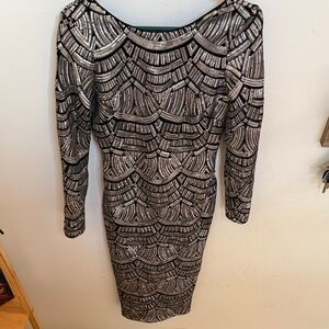 Dress the Population Black and gold sequin Geometric Long Sleeve Dress